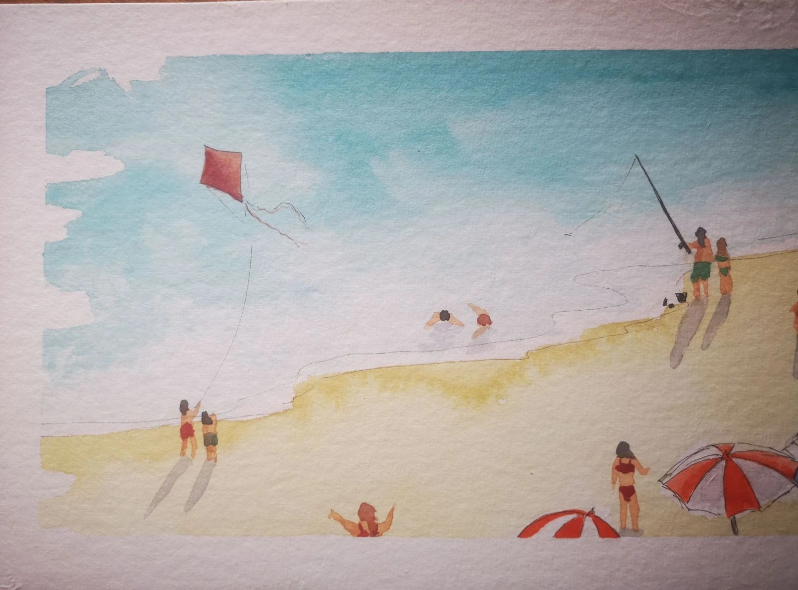 Belle aquarelle panoramique peinte à la main, unique et originale "les vacances à la mer"  – photo 2